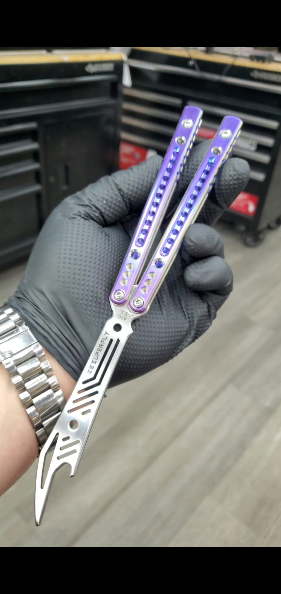 BBSuperFly Vulcan Series in Purple and Blue Fade Anodize with Golden Highlights